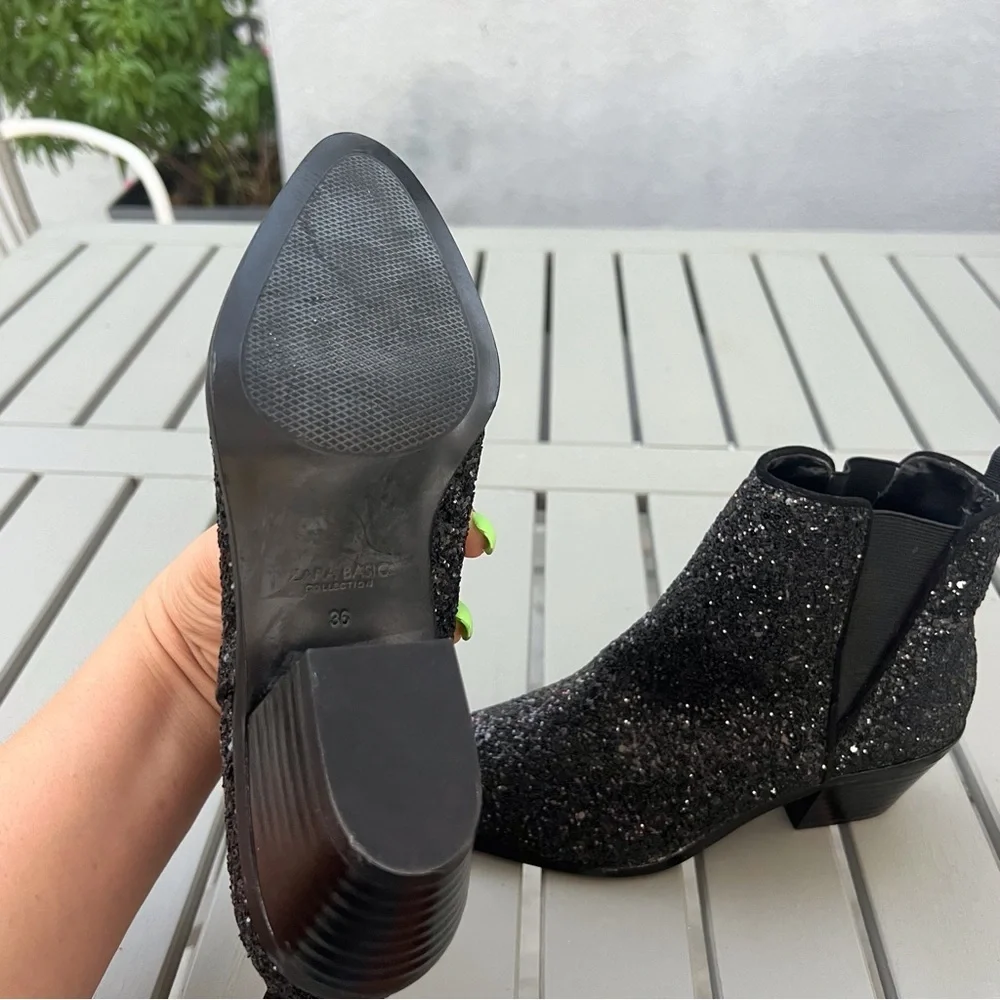 ZARA BLACK GLITTER ANKLE BOOTS BLOCK HEEL SIZE 36